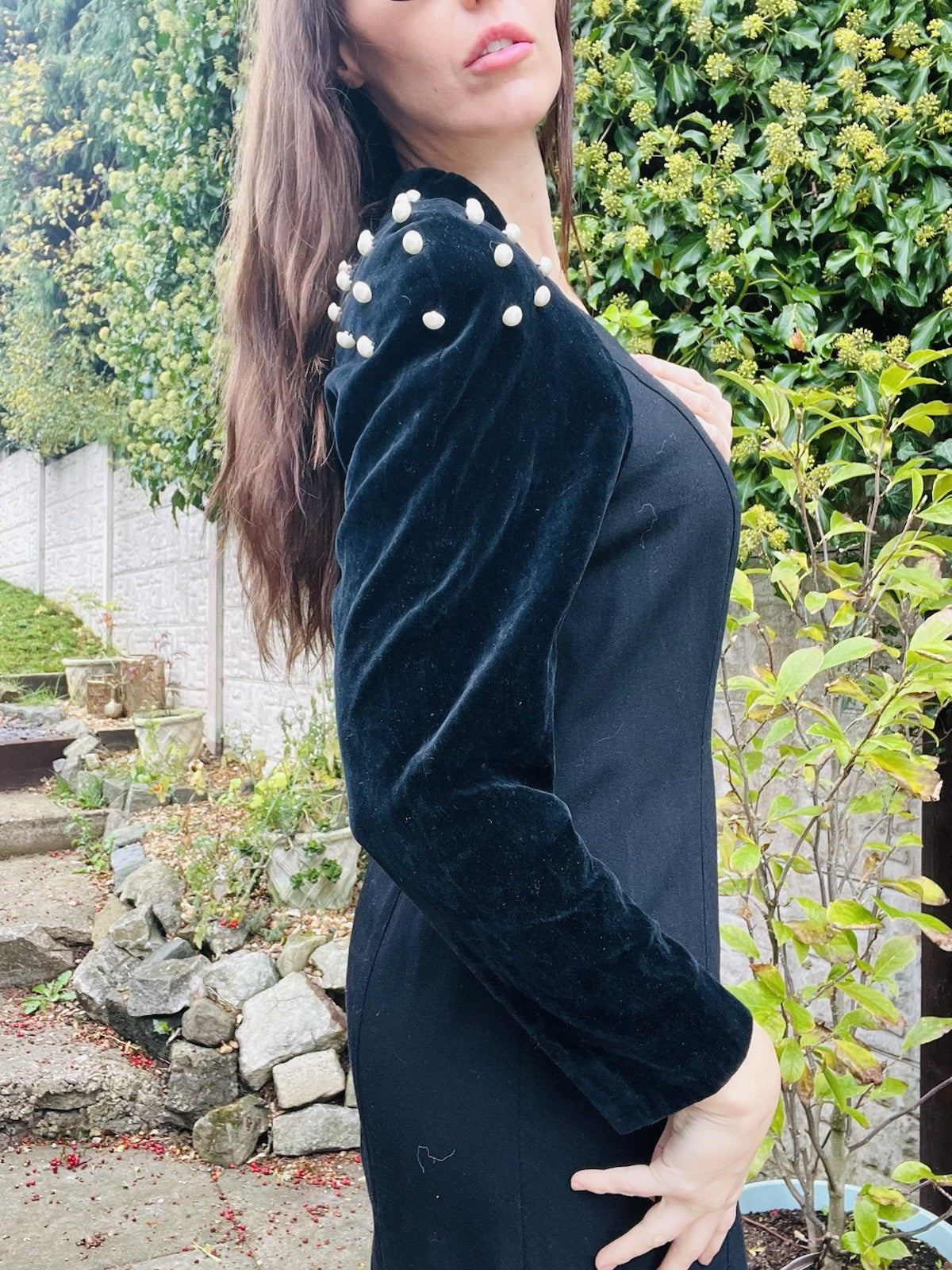 Vintage 1980s Cocktail Dress Black Size 12 Retro 80s Formal Velvet Beaded Sleeve