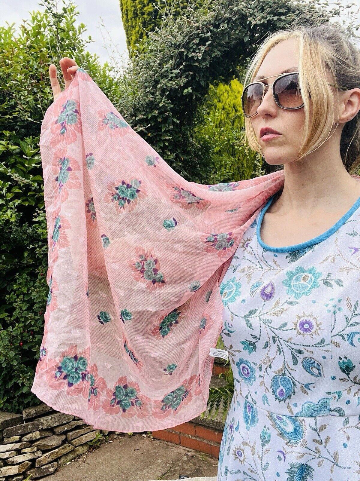 Vintage 1970s Neck Scarf By Debenhams With Sheer Pink Floral Design