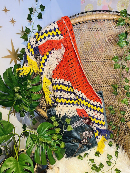 Vintage Boho Crochet Shawl Hippie Triangle Knit Wrap Cape Cottage Whimsy Scarf
