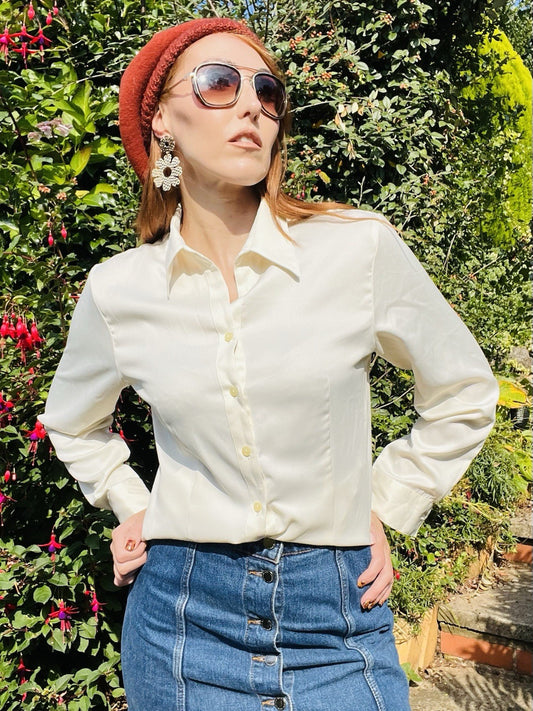 Vintage Blouse Bold Retro Print Collared Shirt Casual Or Formal Office Workwear
