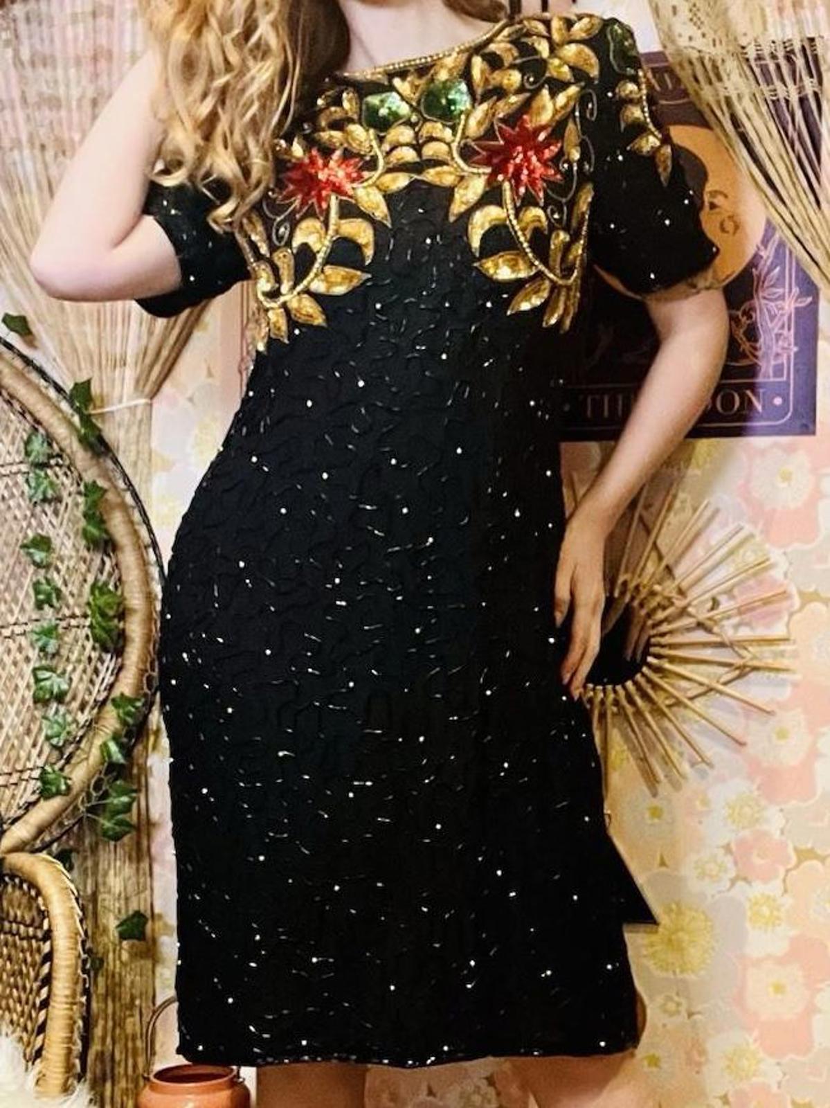 Vintage 1980s beaded Dress By Barkha Pure Silk Embellished Sequin Dress Black M