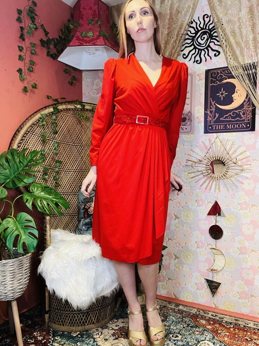 Vintage 1980s Wrap Style Dress Long Sleeve With Sparkly Belt Red Size 10