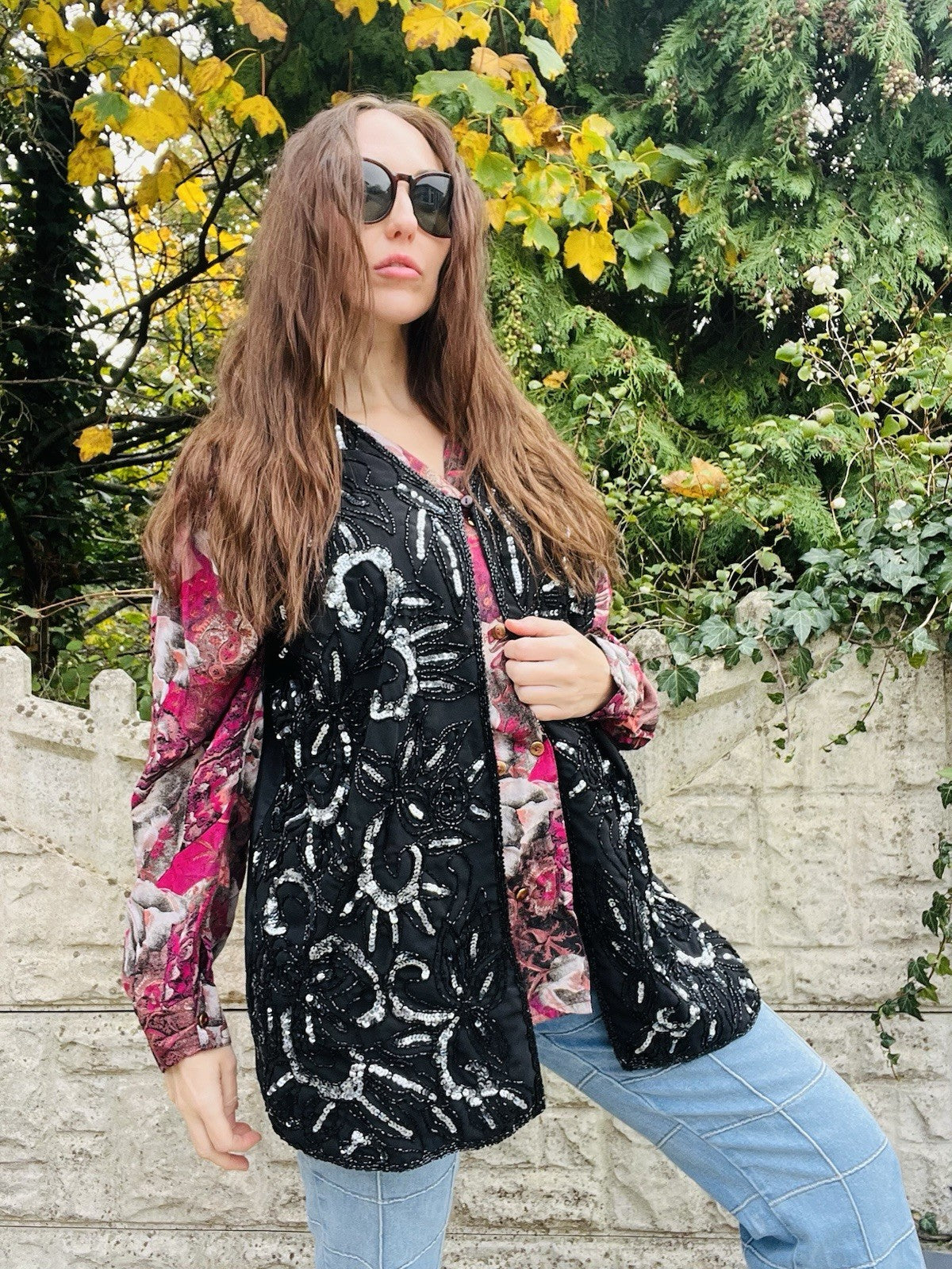 Vintage 80s Beaded Waistcoat Black Size 14 1980s Embellished Sequin Party Top