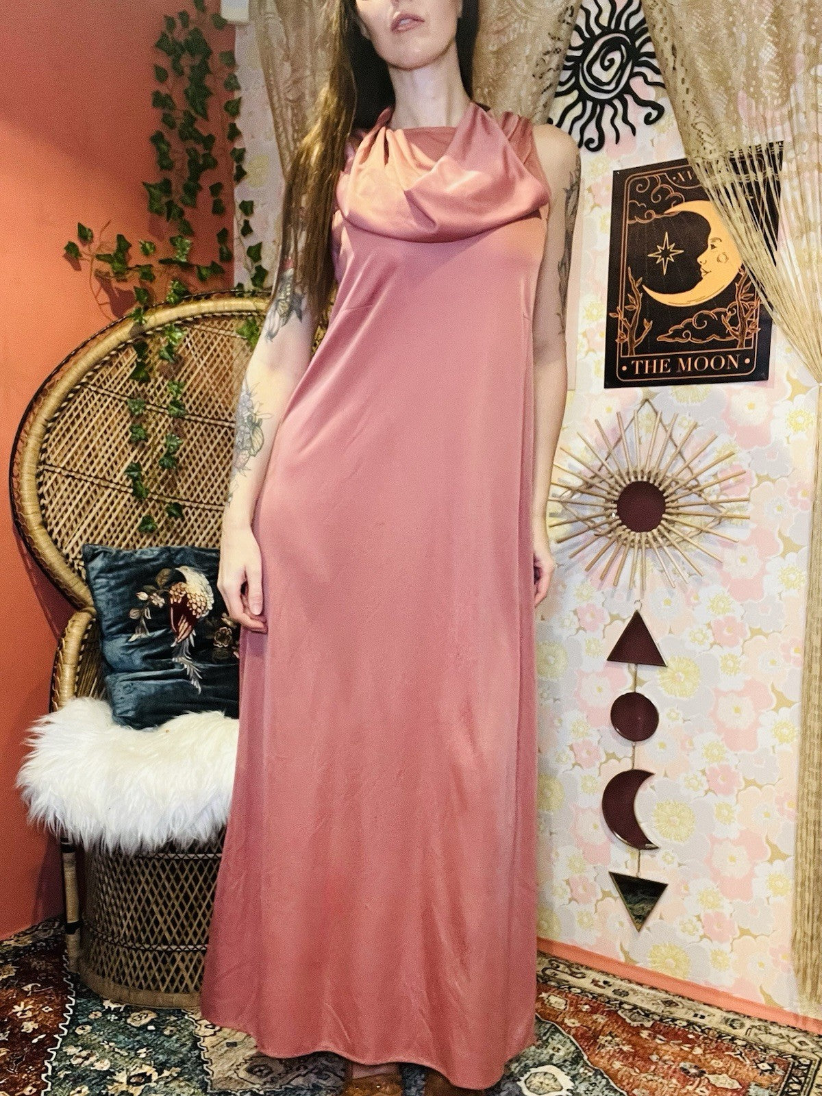Vintgage 70s Slip Dress Size 10 Pink Retro 1970s Slinky Long Cowl Neck  Dress