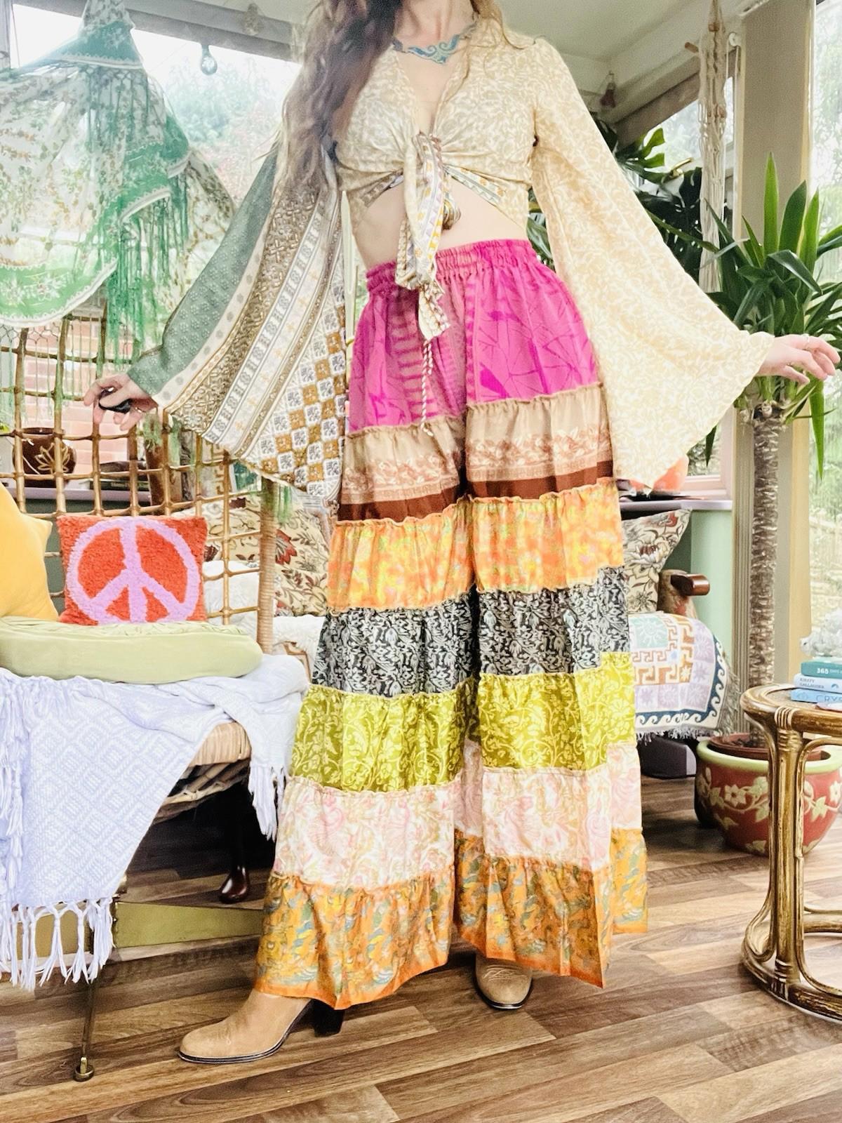 Wide Leg Trousers Vintage Patchwork Layered Sari Silk Hippie Boho Gypsy Pants M