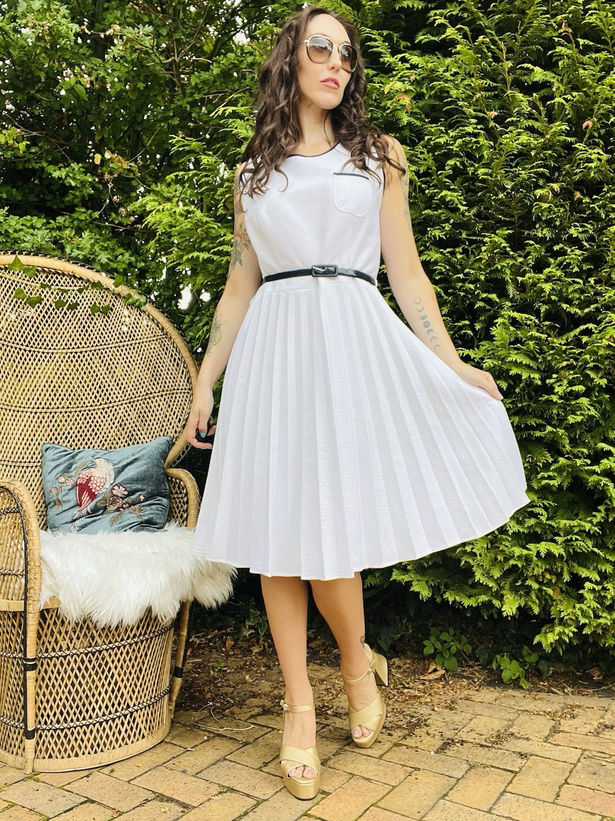 Vintage 1980s Summer Dress White Pleated Tennis Dress With Belt Midi Length 14