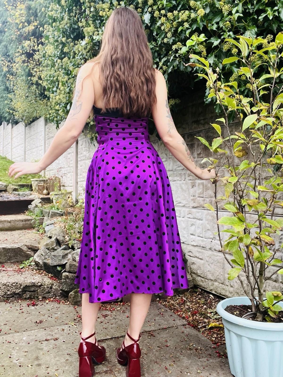 Vintage 1980s Swing Dress Purple Size 8 1850s Style Polkadot Midi Dress