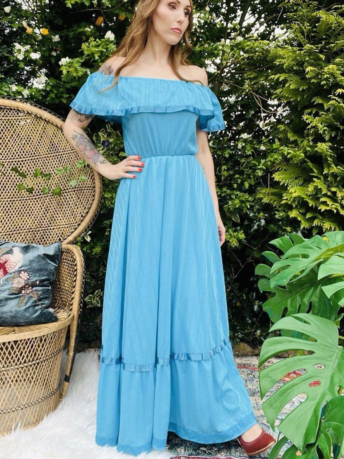 Vintage 1970s Maxi Dress By C&A Long Bardot Shoulder Layered Prairie Dress 8