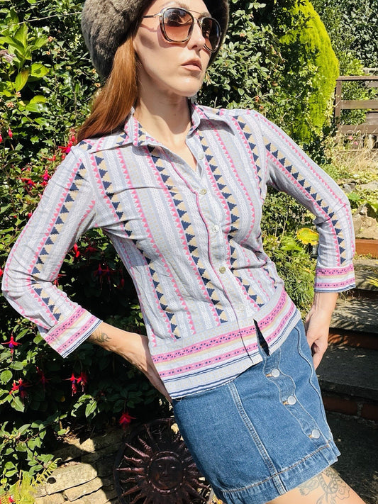 Vintage Blouse Bold Retro Print Collared Shirt Casual Or Formal Office Workwear