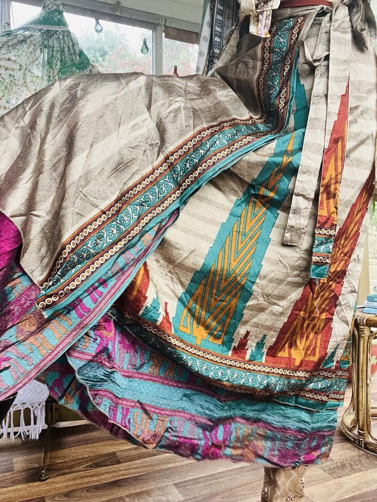 Layered Hippie Maxi Skirt Vintage Sari Silk Hippie Boho Long Gypsy Wrap Skirt