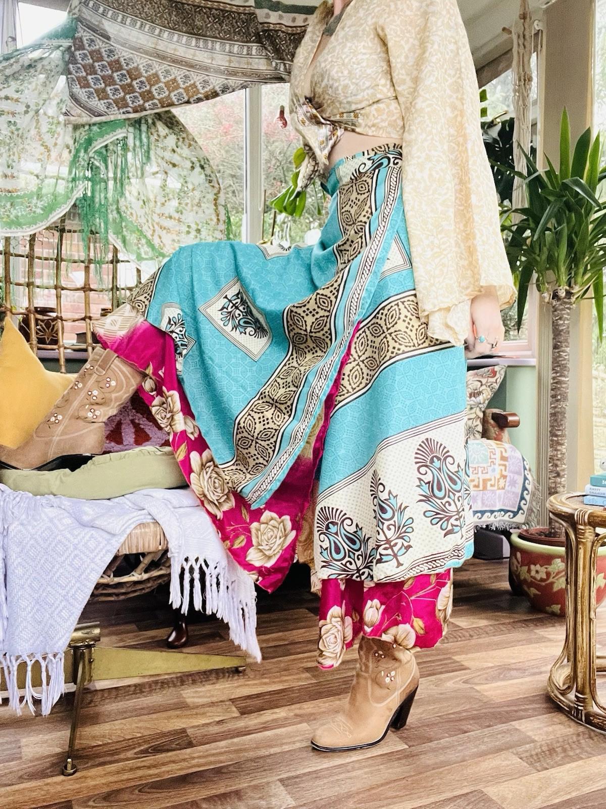 Layered Hippie Maxi Skirt Vintage Sari Silk Hippie Boho Long Gypsy Wrap Skirt