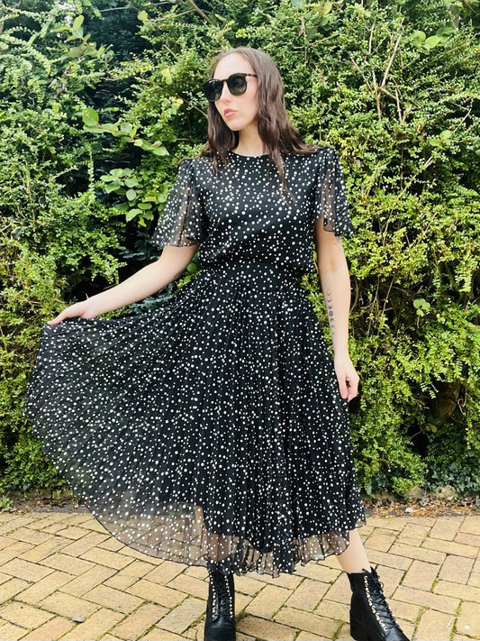 Vintage 1980e Polkadot Dress, Florals Frilly Pleated Midi Dress, Black Size 12
