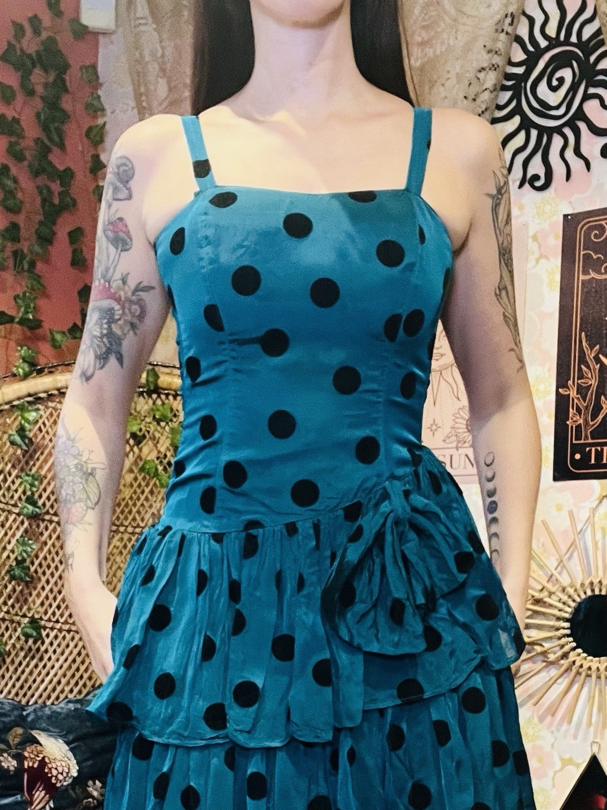 Vintage 80s Party Dress Size 8 Teal Polkadot Layered Retro 80s Fancy Dress
