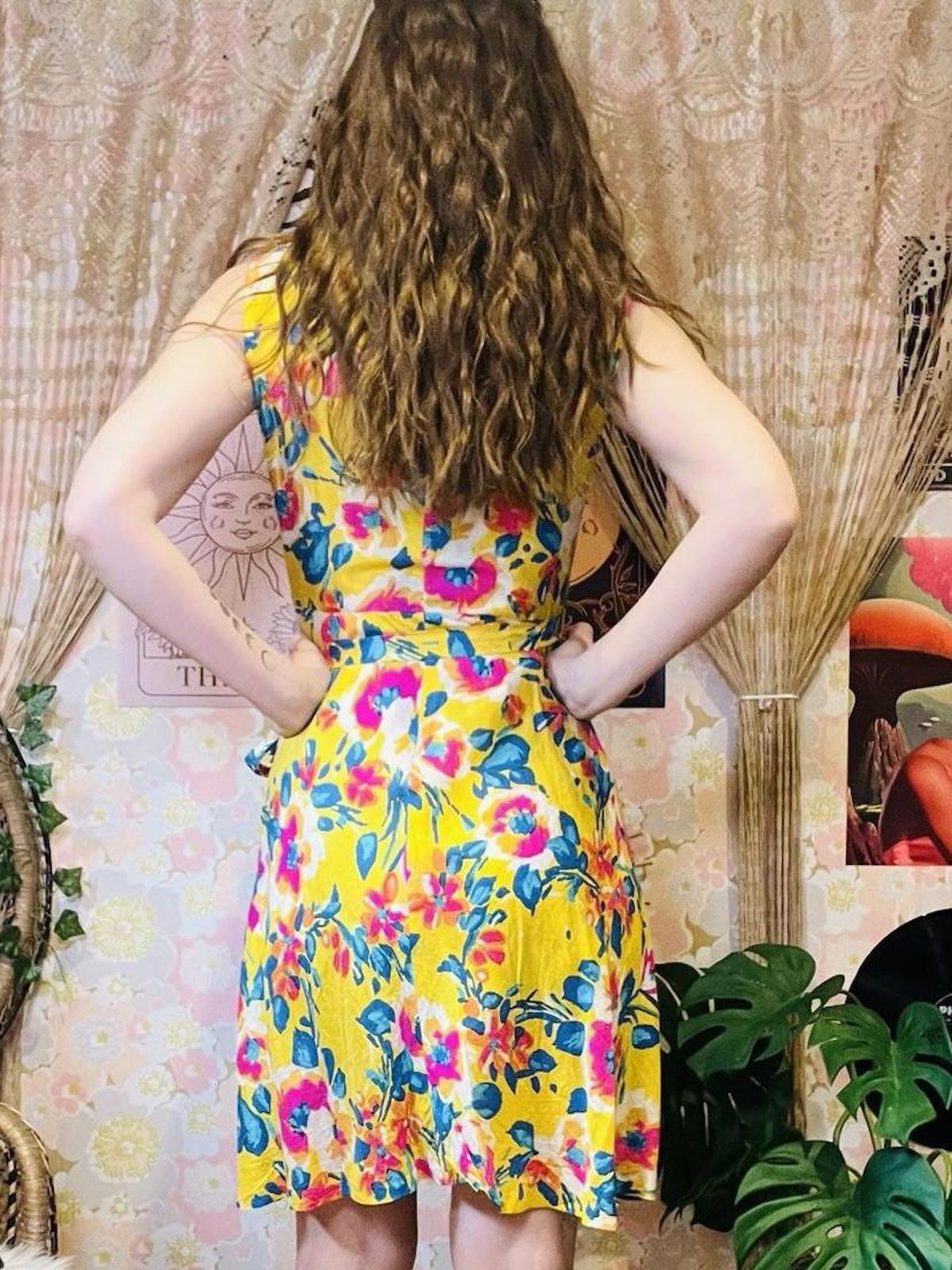 Vintage Summer Floral Dress Short Wrap Dress With Collar Bold Yellow Print 8 10