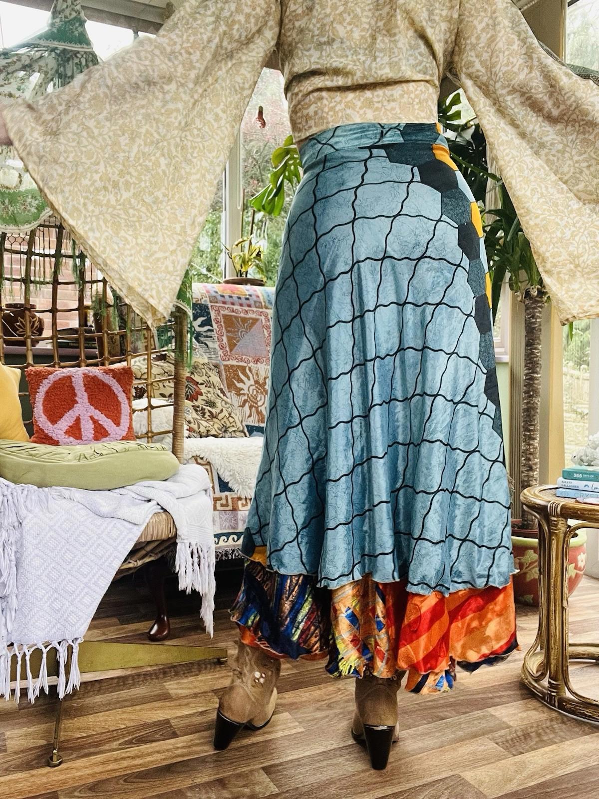 Layered Hippie Maxi Skirt Vintage Sari Silk Hippie Boho Long Gypsy Wrap Skirt