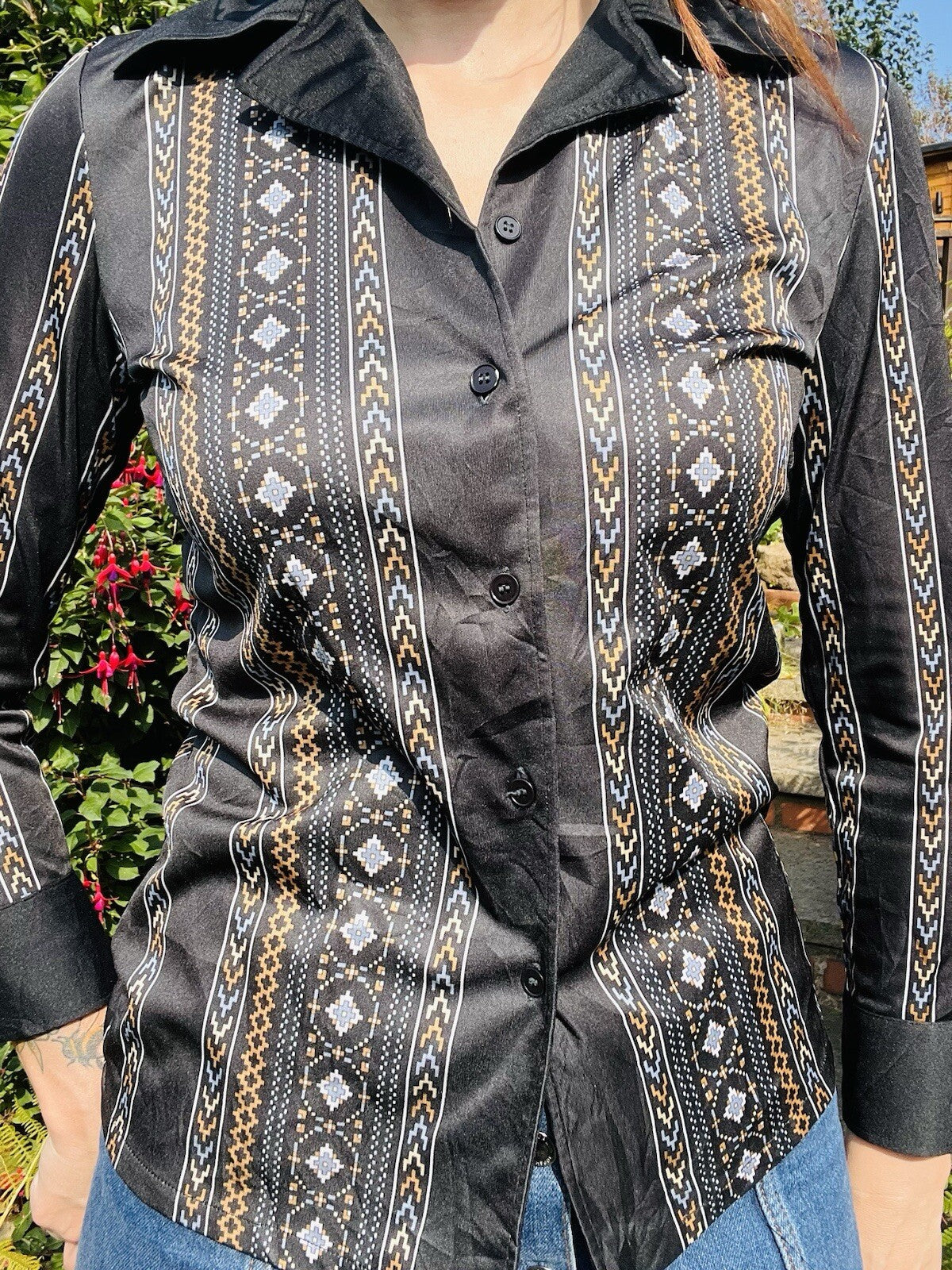 Vintage 80s Black Shirt Size 8 Retro Blouse Abstract Aztec Striped Long Sleeve