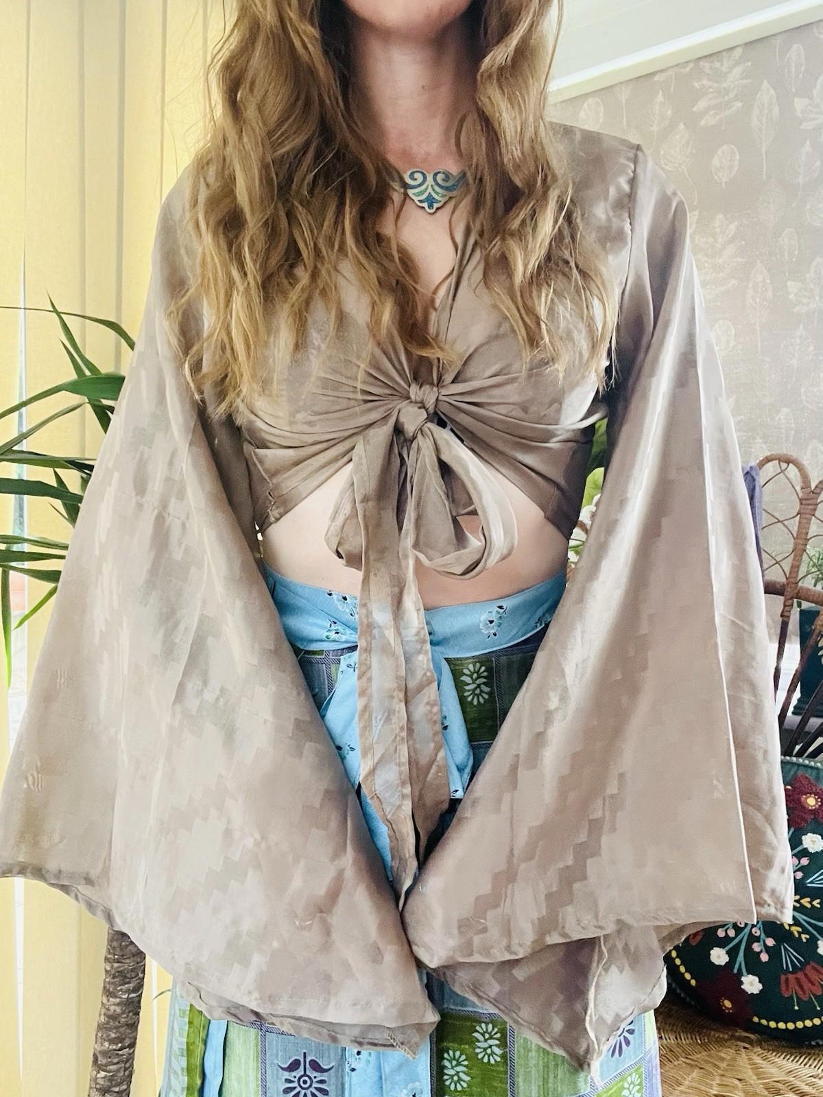 Flared Sleeve Top Vintage Silk Hippie Boho Bell Sleeved Wrap Top Gypsy Bolero