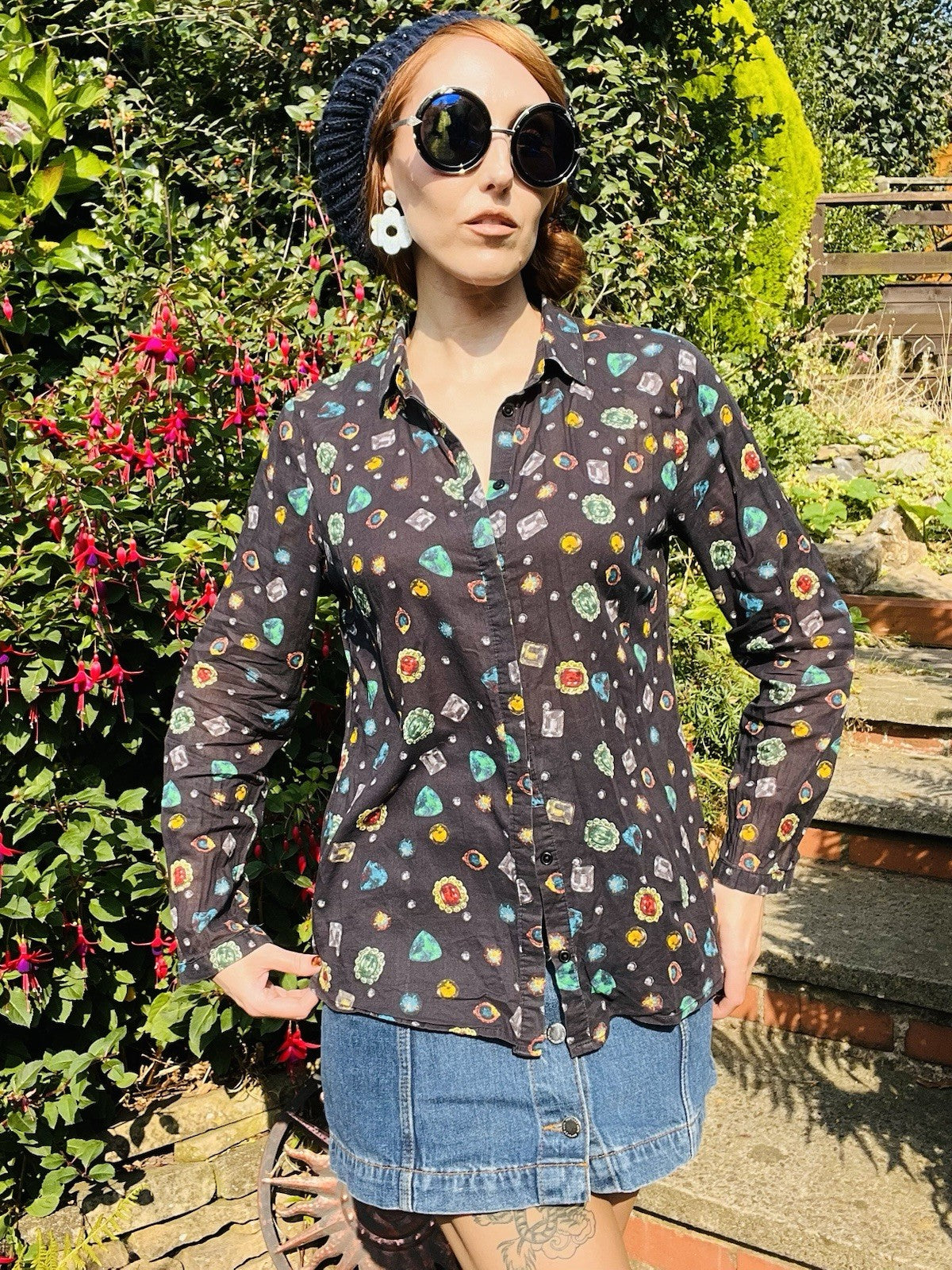 Vintage Blouse Bold Retro Print Collared Shirt Casual Or Formal Office Workwear