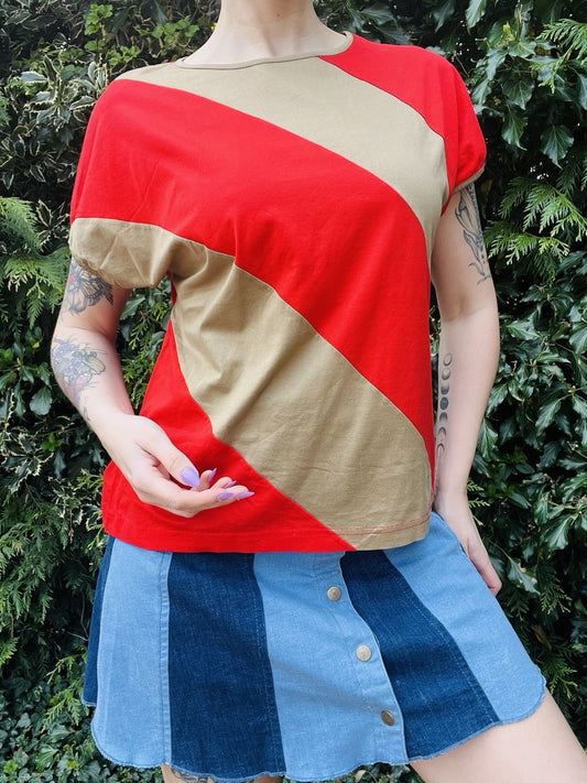 Vintage 1990s Striped T-shirt Bold Block Colour Red Beige Retro Top Size 16