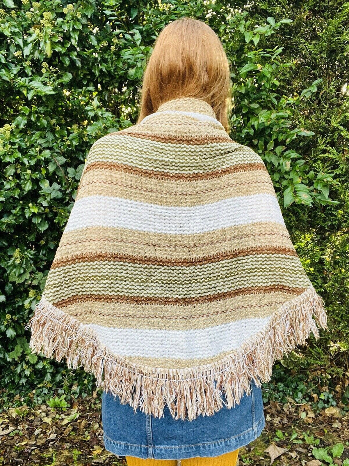 Vintage Boho Crochet Shawl Hippie Triangle Knit Wrap Cape Cottage Whimsy Scarf