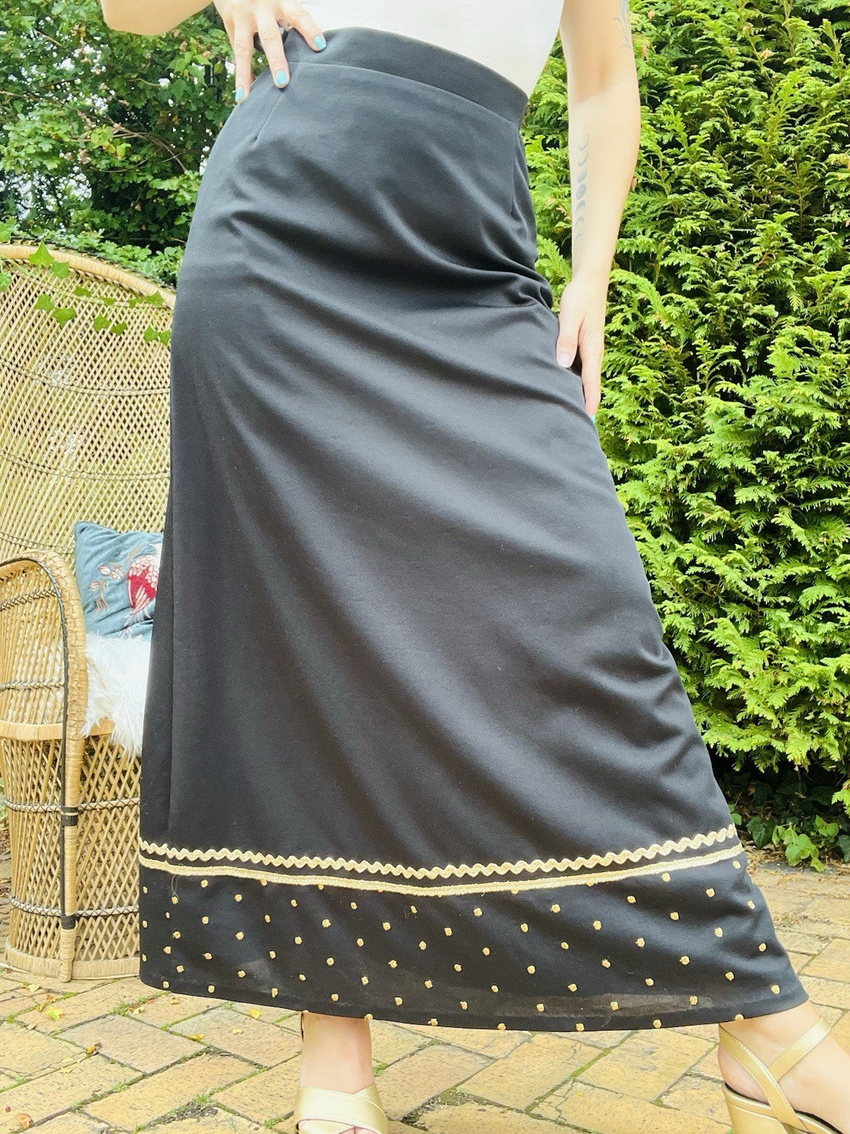 Vintage 1970s Long Skirt High Waist Maxi Length Black With Gold Embroidery 10