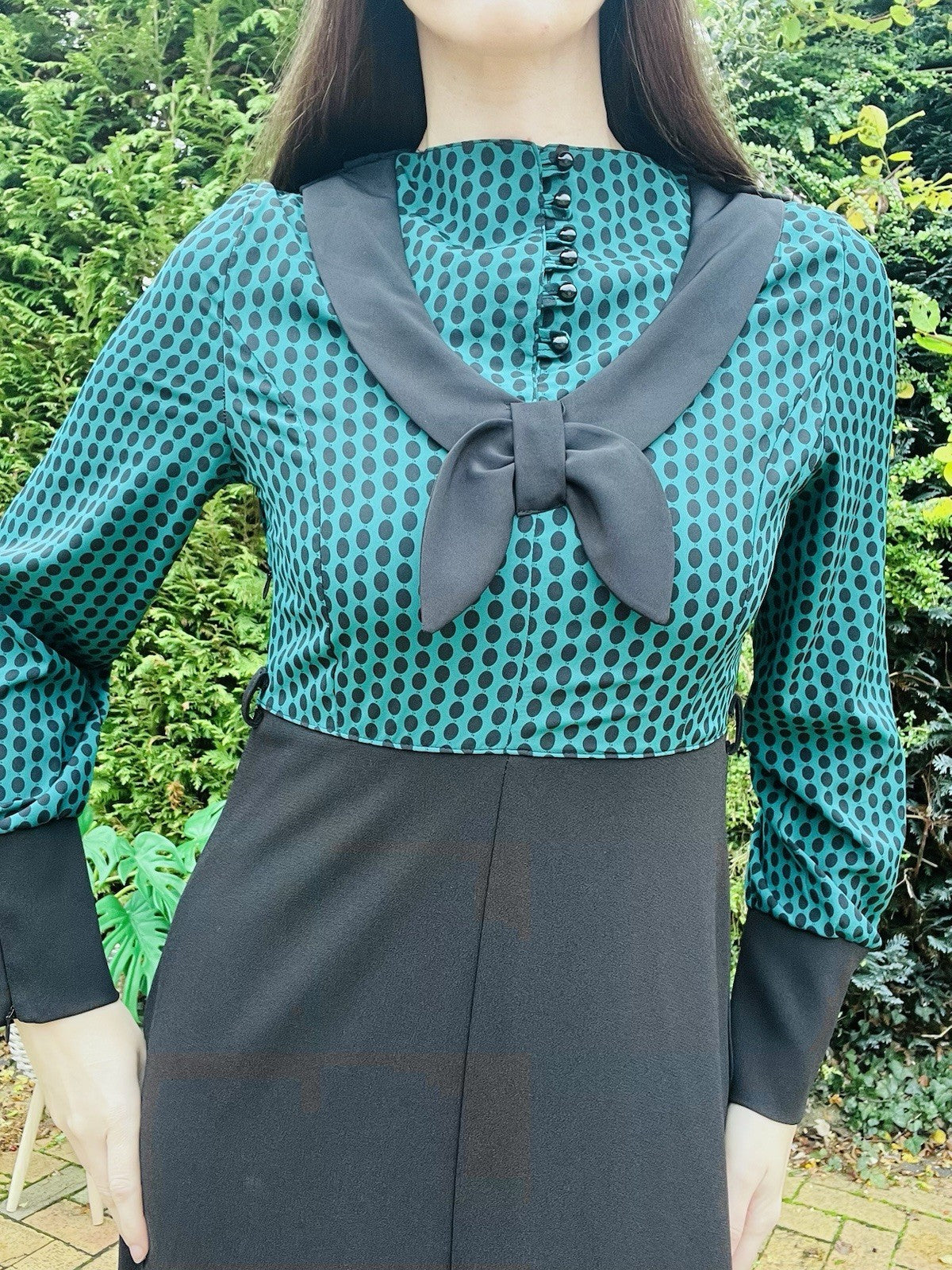 Vintage 70s Long Dress Size 8 High Neck Long Sleeves Retro Polkadot Black Green