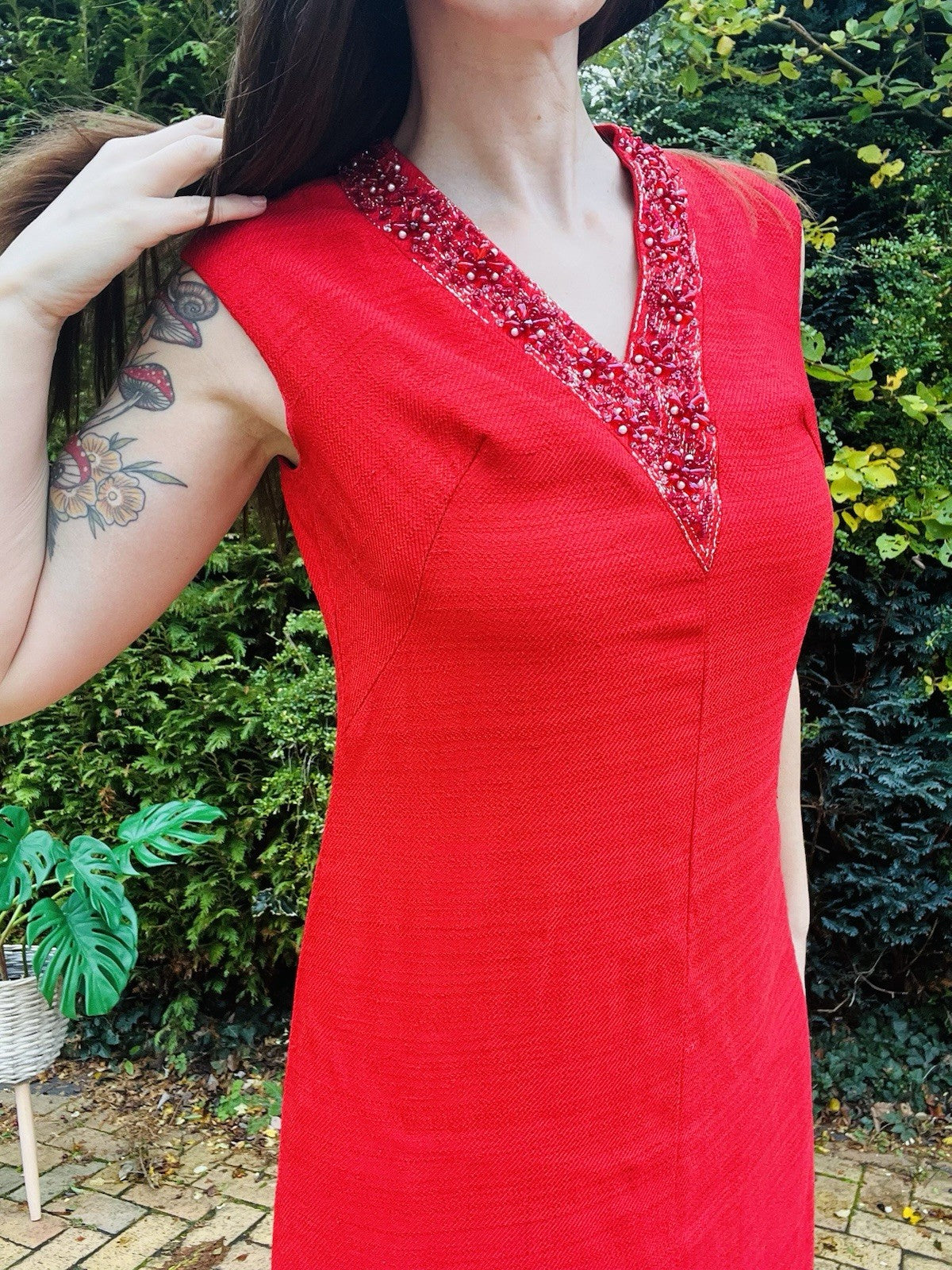 Vintage 1970s Maxi Dress Beaded Embellished Long Retro 70s Dress Red Size 14