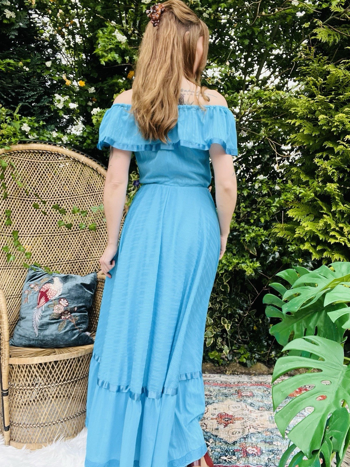 Vintage 1970s Maxi Dress By C&A Long Bardot Shoulder Layered Prairie Dress 8
