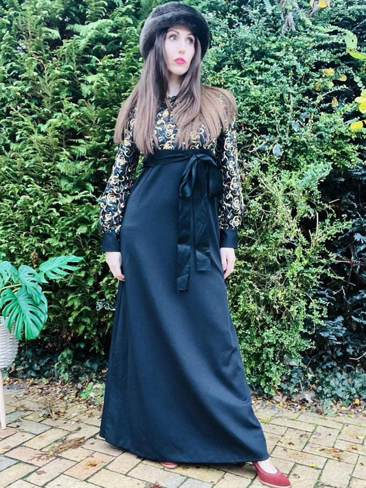 Vintage 1960s Maxi Dress Long Sleeve Embroidered Hippie Boho Tie Waist Dress 10
