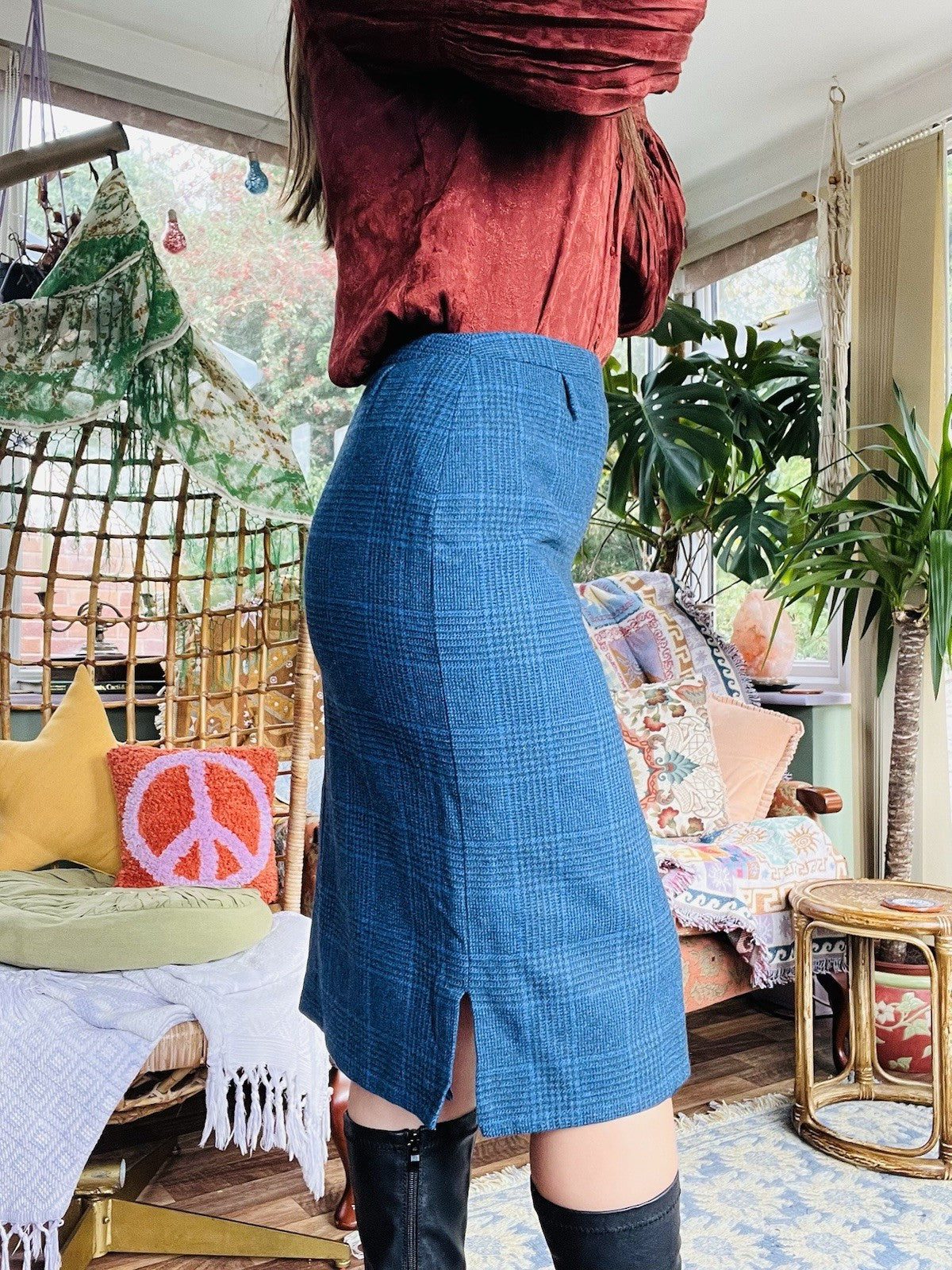 Vintage 1980s Office Skirt, High Waist Midi Length Check Work Wear Size 12 Blue