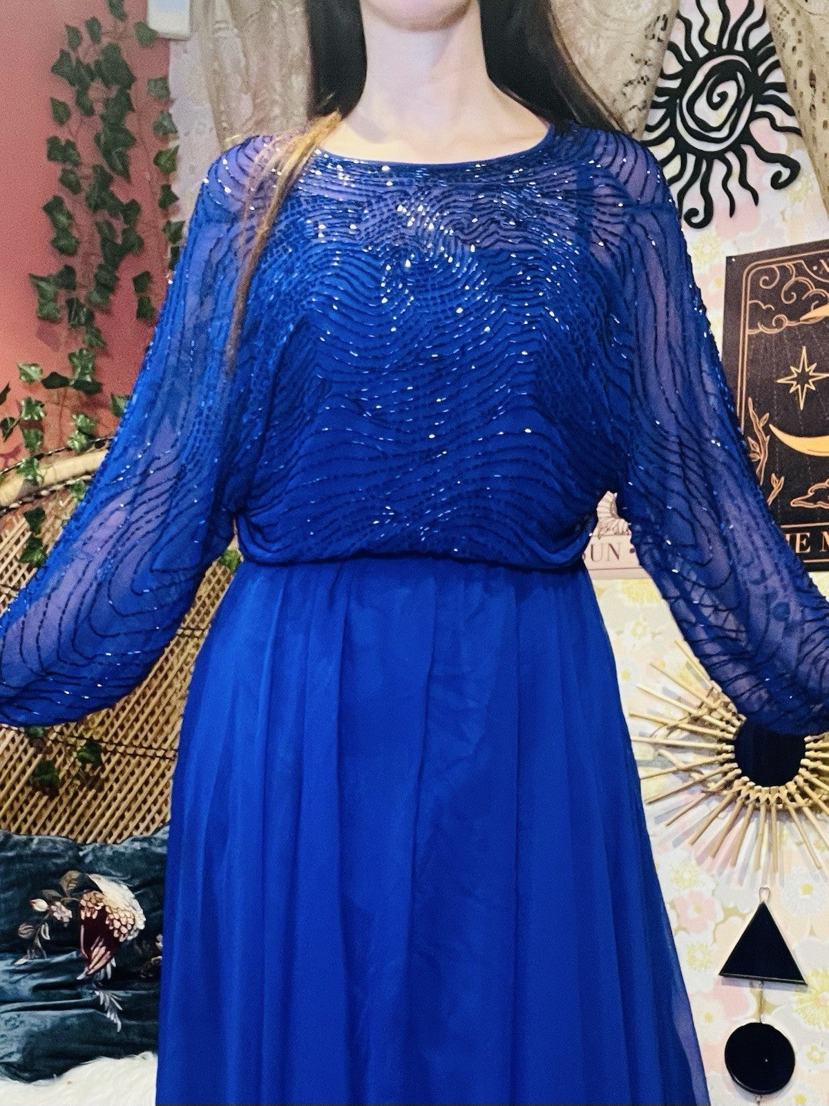 Vintage 80s Cocktail Dress Blue Size 12 Embellished Beaded Sheer Long Sleeves