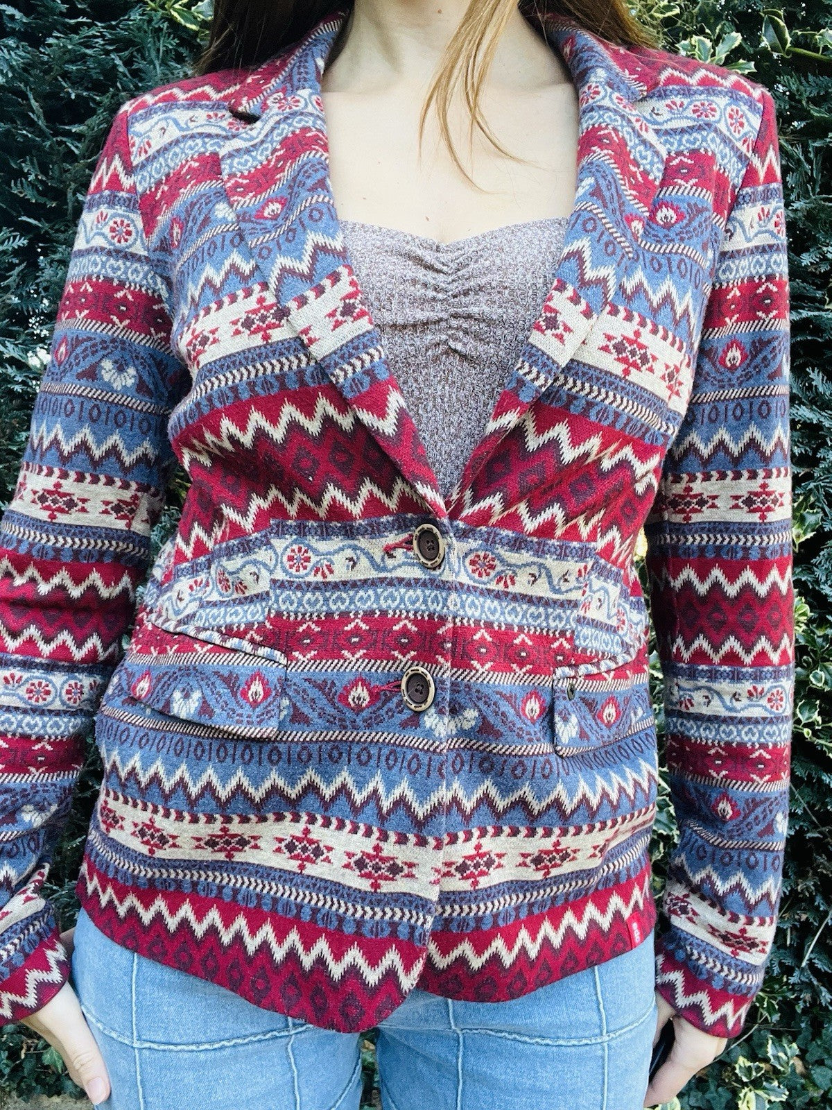 Vintage 1990s fair Isle Jacket Aztec Geometric Cardigan Blazer By Esprit 12