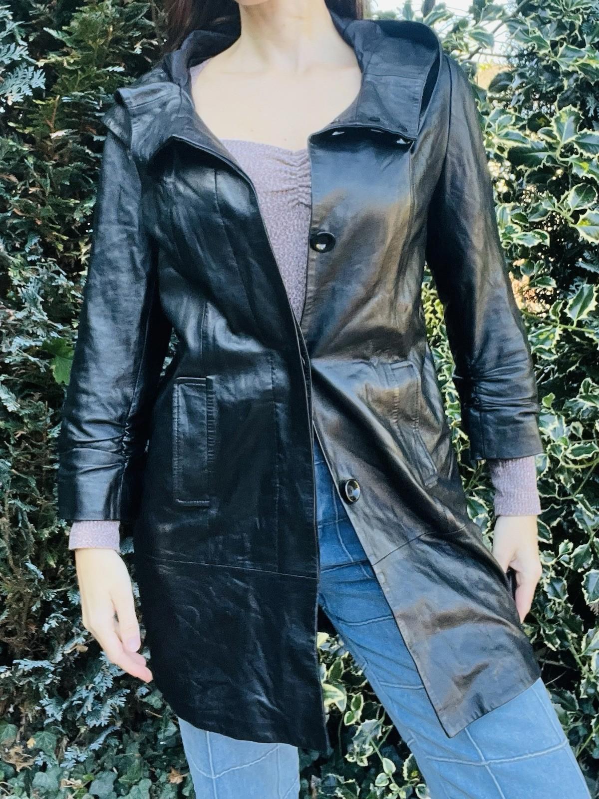 Vintage 1980s Leather Jacket With Hood, Retro Cropped Sleeve Long Length 10-12