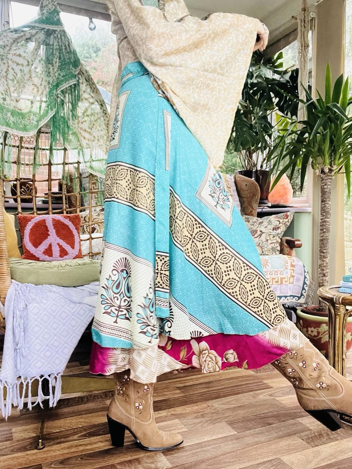 Layered Hippie Maxi Skirt Vintage Sari Silk Hippie Boho Long Gypsy Wrap Skirt