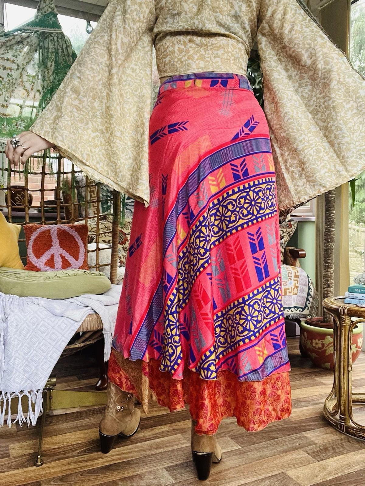Layered Hippie Maxi Skirt Vintage Sari Silk Hippie Boho Long Gypsy Wrap Skirt