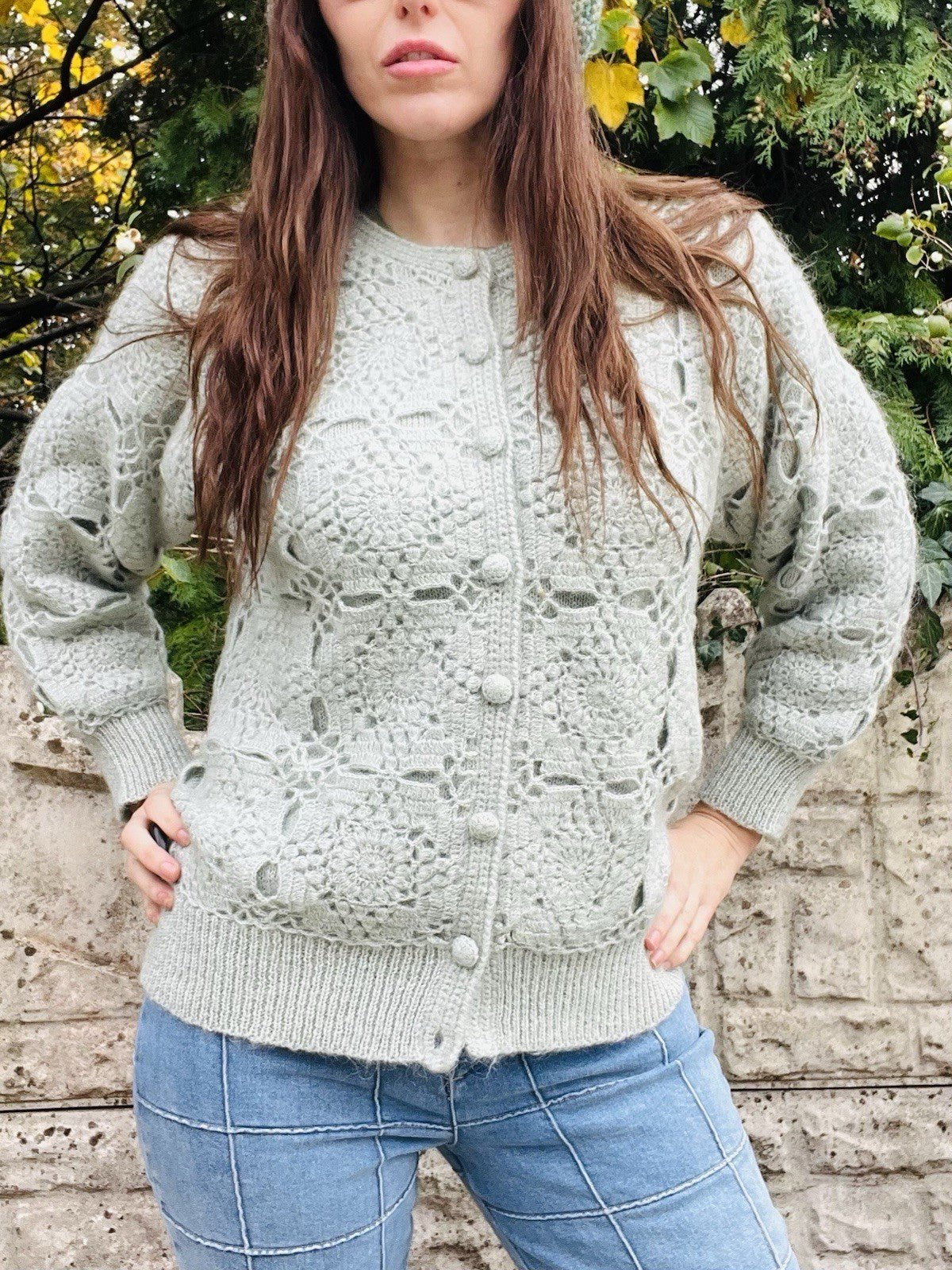 Vintage Crochet Cardigan Green Size 10-12 M By Precise Boho Cottagecore Jumper