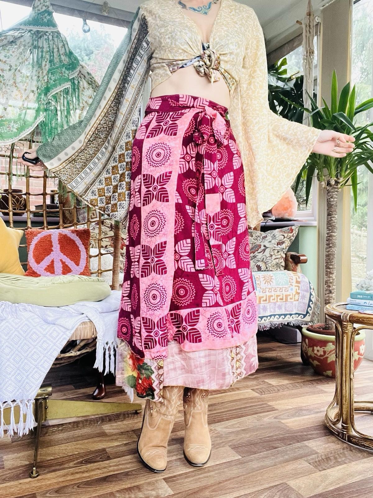Layered Hippie Maxi Skirt Vintage Sari Silk Hippie Boho Long Gypsy Wrap Skirt