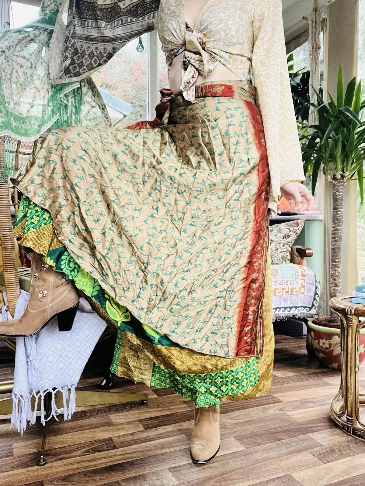 Layered Hippie Maxi Skirt Vintage Sari Silk Hippie Boho Long Gypsy Wrap Skirt