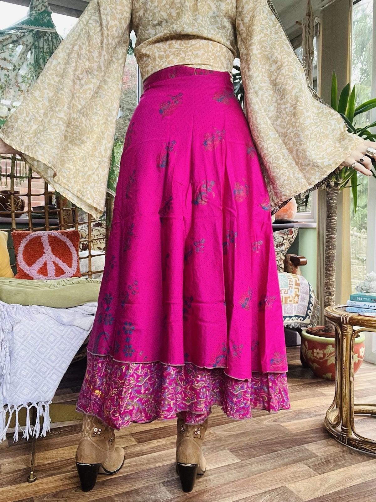 Layered Hippie Maxi Skirt Vintage Sari Silk Hippie Boho Long Gypsy Wrap Skirt