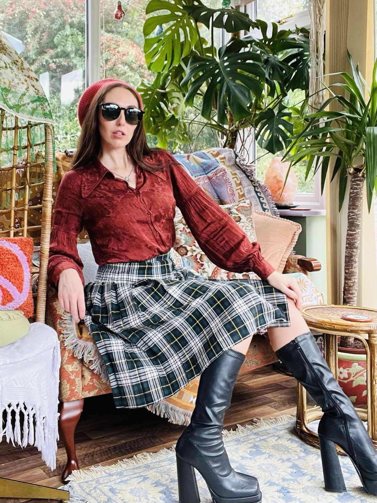 Vintage 1980s Tartan Skirt, Preppy Scottish Plaid Kilt Style Skirt, Green Size 8