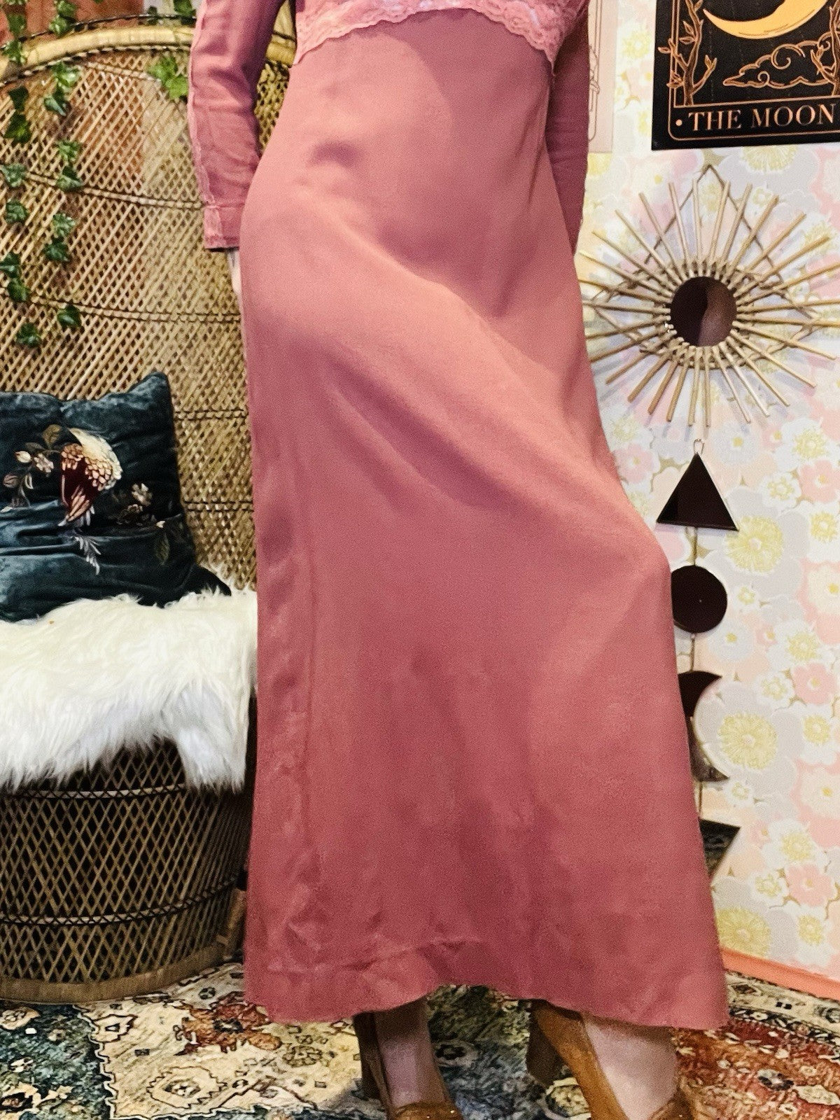 Vintage Y2K Slip Dress Pink Size 12 Long Sleeve High Neck Lace Cocktail Dress