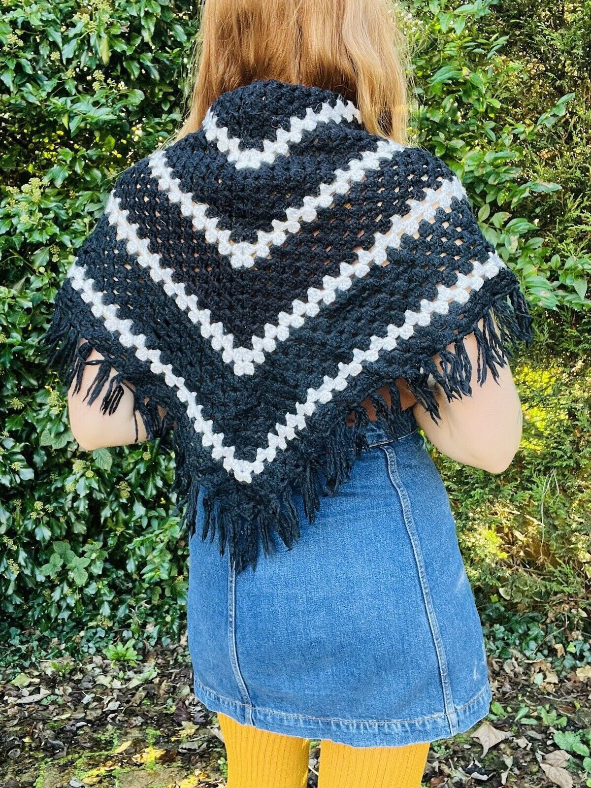 Vintage Boho Crochet Shawl Hippie Triangle Knit Wrap Cape Cottage Whimsy Scarf