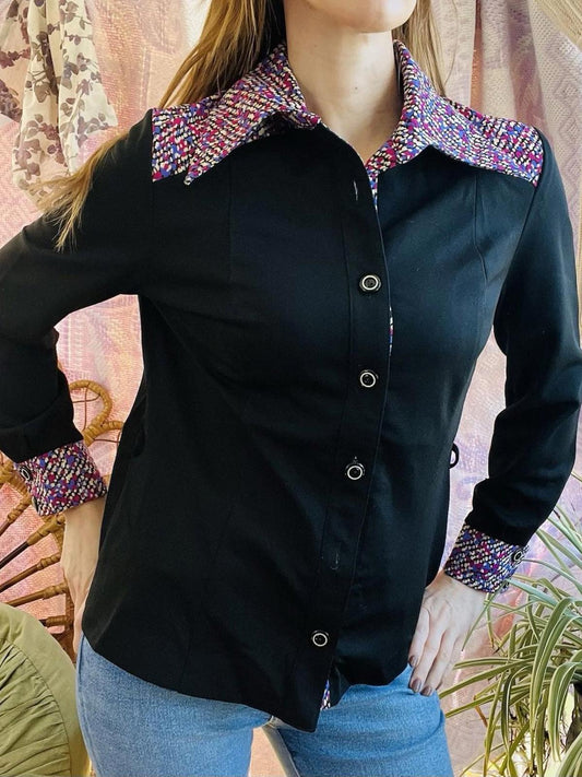 Vintage Blouse Bold Retro Print Collared Shirt Casual Or Formal Office Workwear