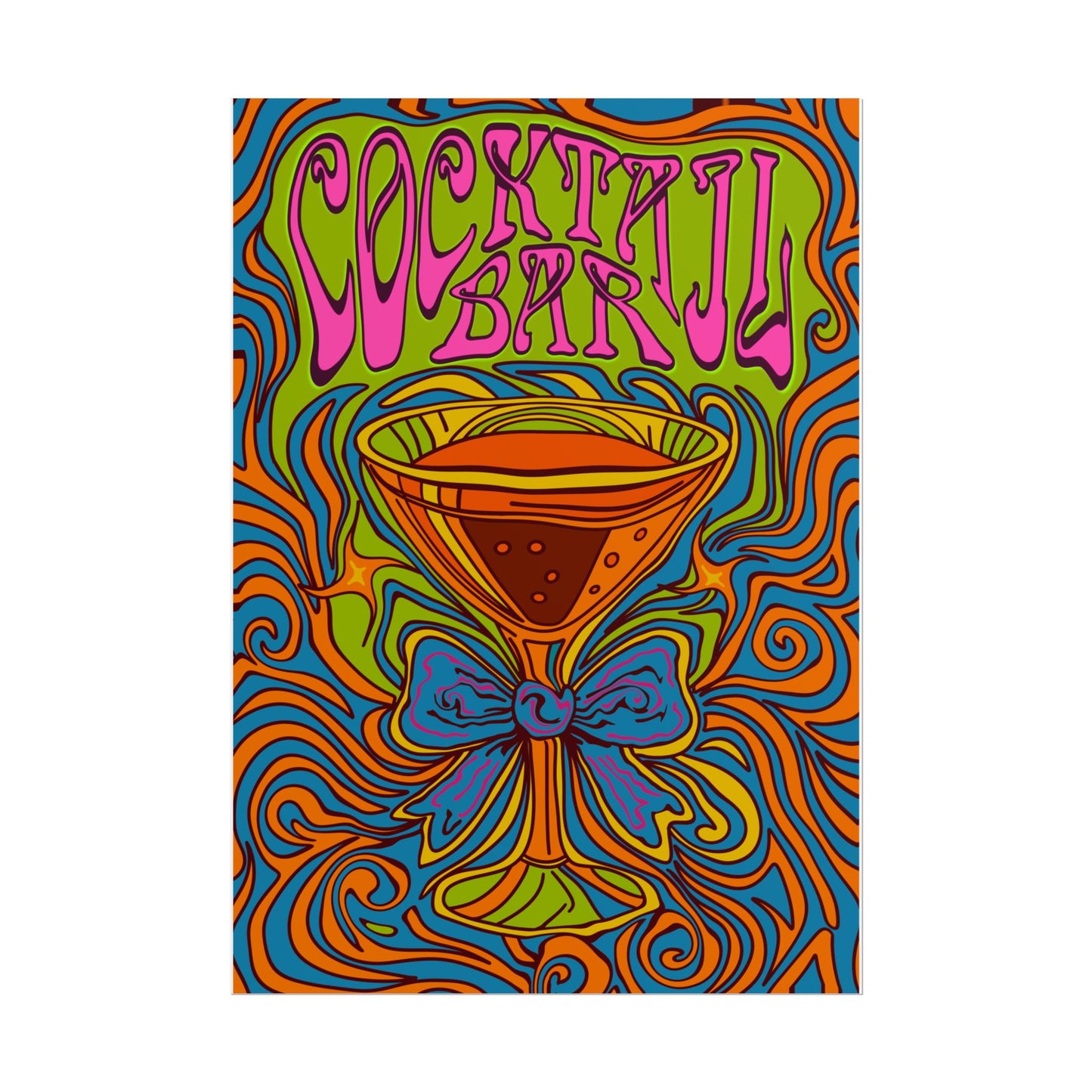 Cocktail Bar Poster, Colourful Retro Prosecco Wall Art, Psychedelic Alcohol Drinking Home Decor Print