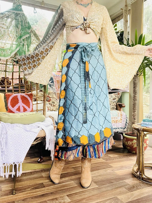 Layered Hippie Maxi Skirt Vintage Sari Silk Hippie Boho Long Gypsy Wrap Skirt