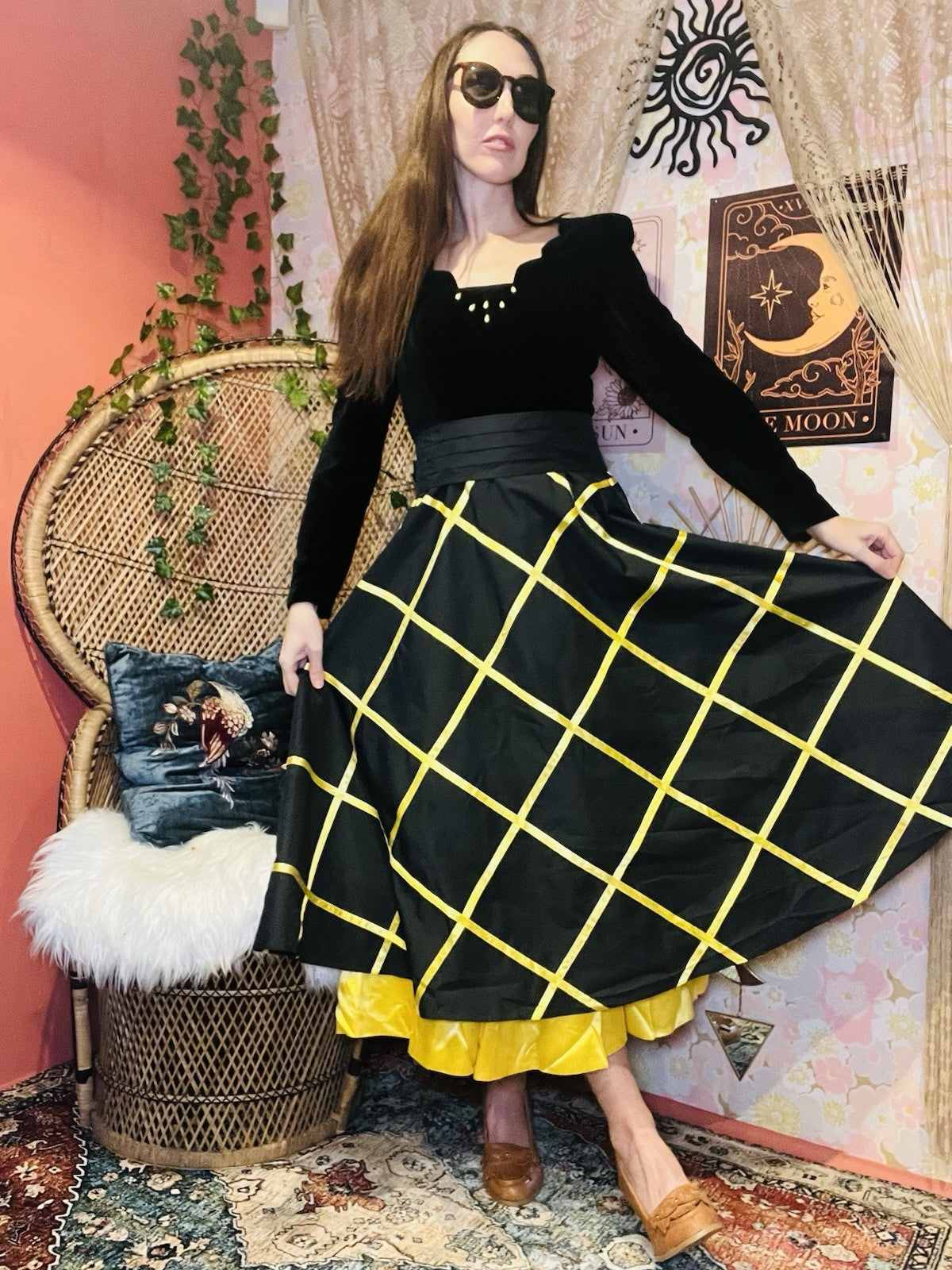 Vintage 80s Cocktail Dress Size 8 Black Velvet Bodice And Yellow Puffy Skirt