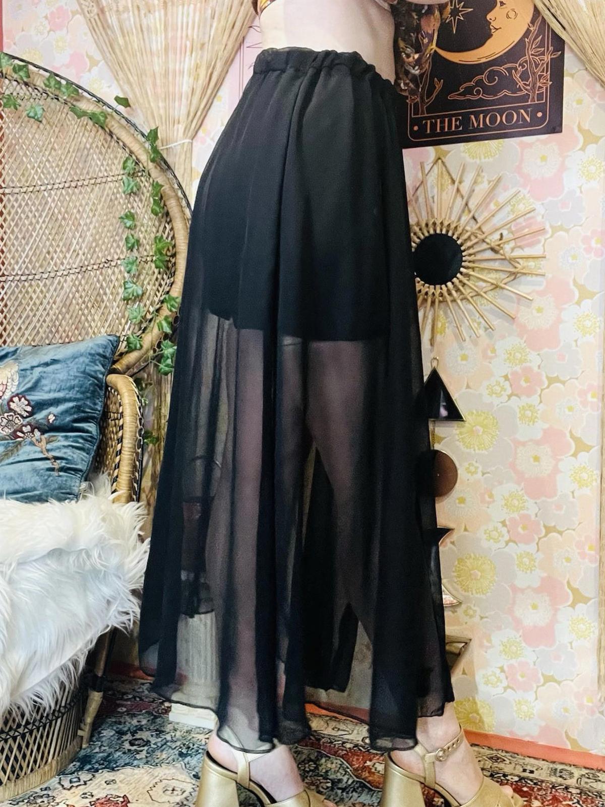 Vintage 1990s Sheer Skirt With Shorts And Slit Elasticated Waist Skort Black S