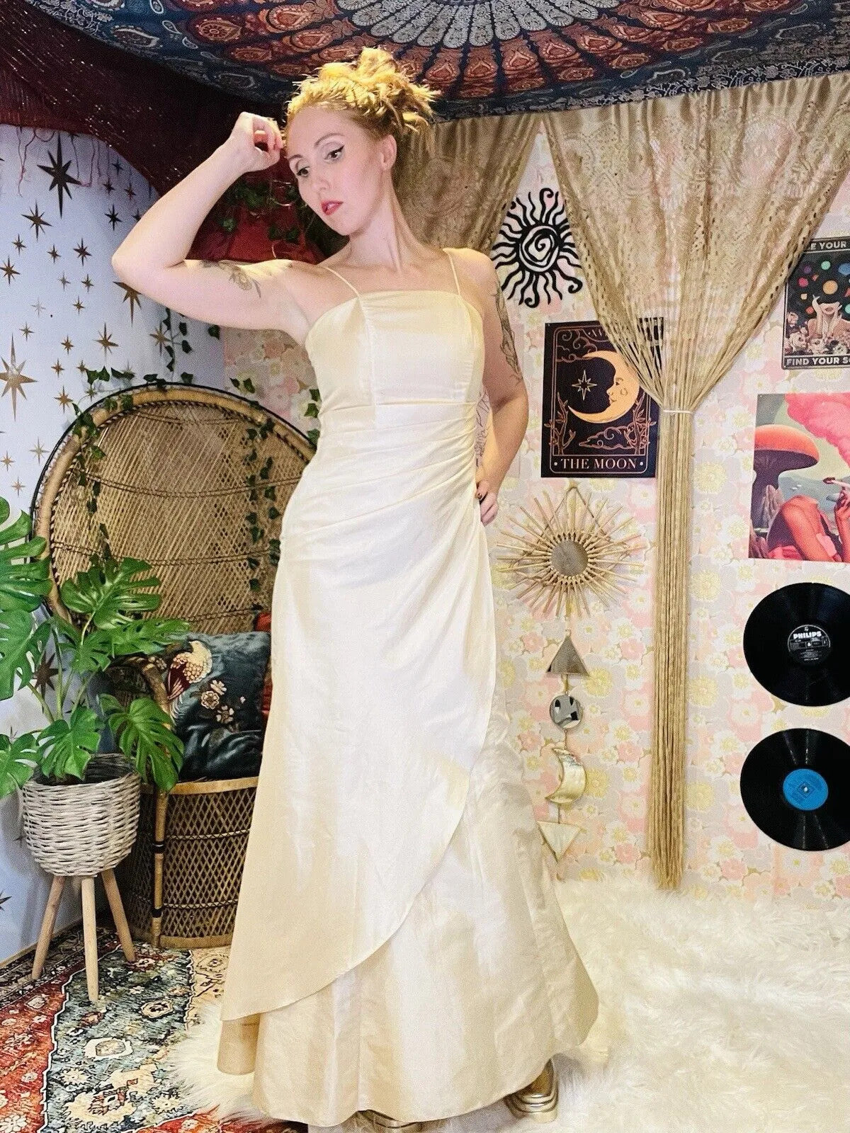 Vintage 90s Ball Gown By Prestige Ivory Cream Cocktail Dress Tie Back Size 8 10