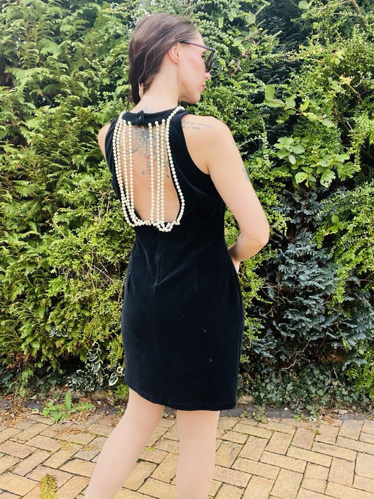 Vintage 1980s Cocktail Dress, Velvet Fitted Backless, Beed Embelishment, Size 12
