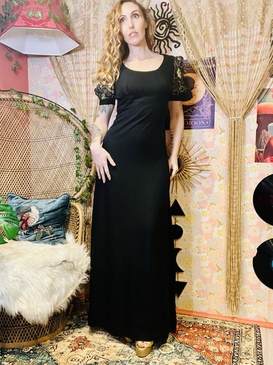 Vintage 1970s Maxi Dress Empire Waist With Embroidered Puff Sleeves Black 12